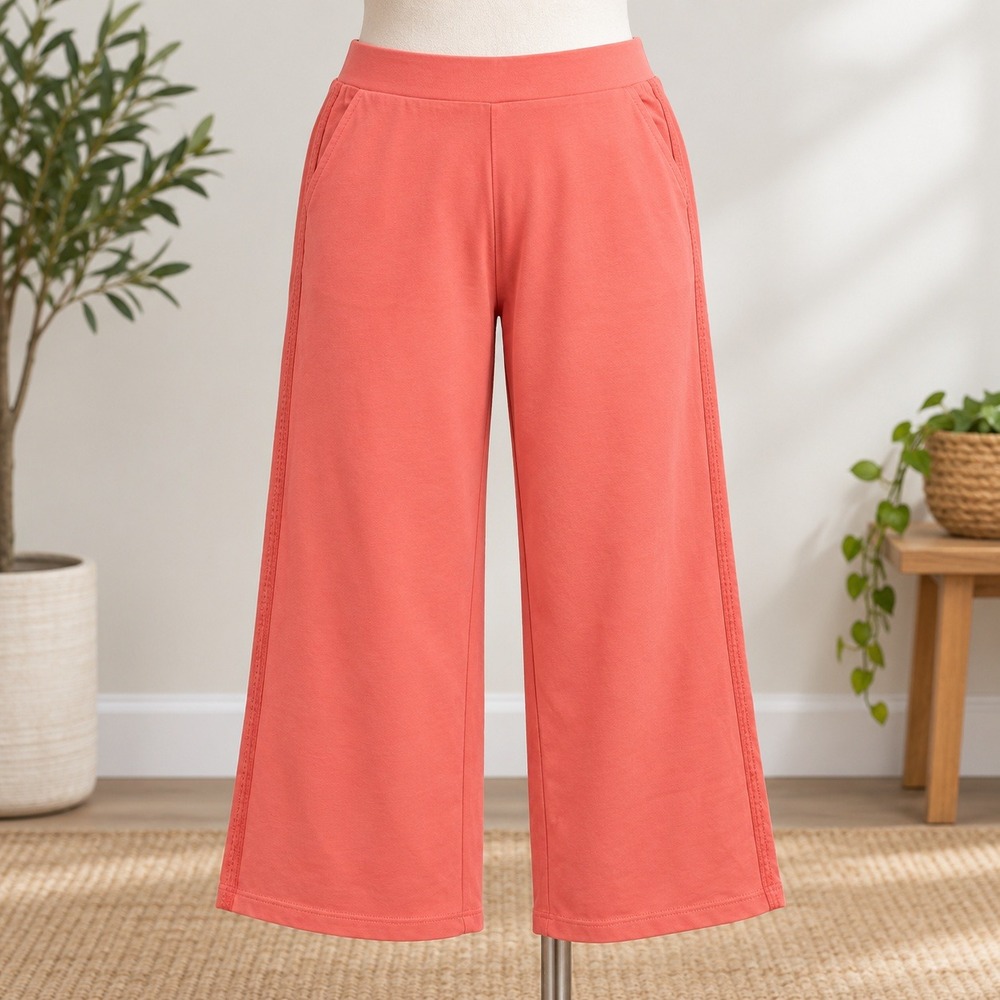 NEW Denim & Co. Active Wide Leg Pants L Coral Pink Eyelet Trim Lounge